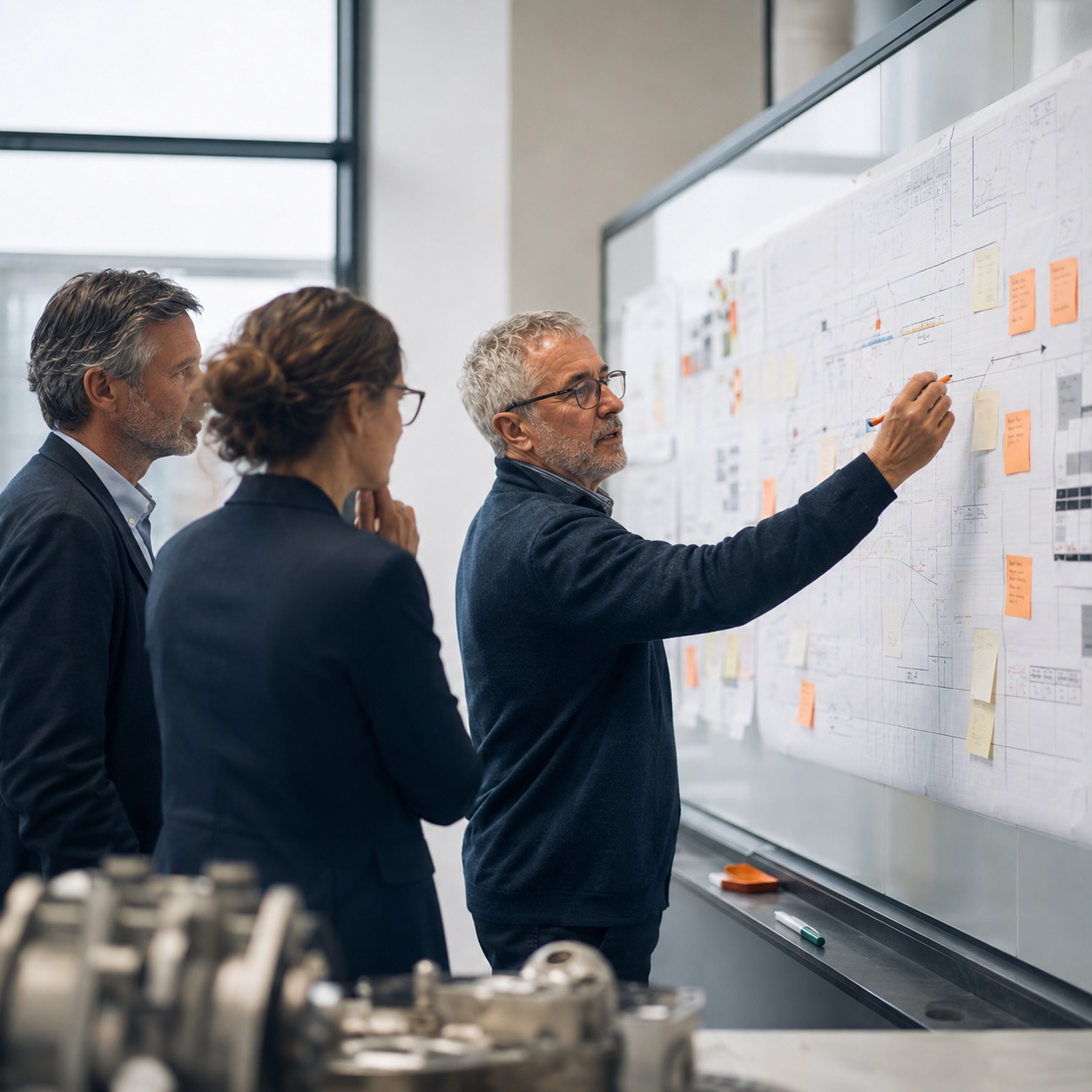 Un formateur cartographiant un processus au tableau avec une équipe